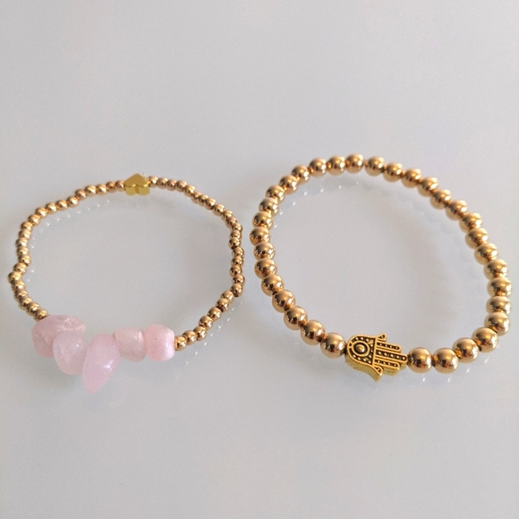 2 Bracelets natural rose stones , gold plated beads and Hasma stackable - Picture 3 of 10